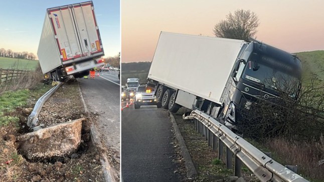 Two pictures showing a lorry crashed through the barrier on the M11 near Stansted Airport.