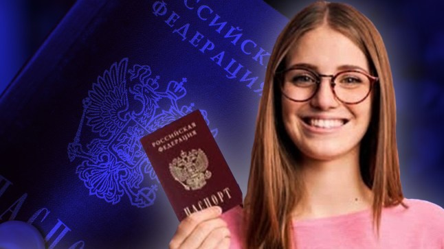 A woman waving a Russian passport