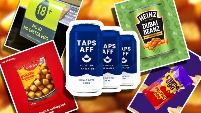 April Fools' Day jokes from Cadbury, Heinz, and more. Image shows Aldi's cans of Scottish tap wate,r Heinz pistachio beans, Cadbury Goo sachets, Potato Waffleholes and Waitrose age restriction for Easter Eggs