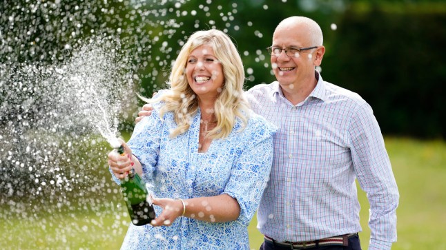 Joe Thwaite, 49, and Jess Thwaite, 46, from Gloucestershire celebrate after winning the record-breaking EuroMillions jackpot of ?184M from the draw on Tuesday 10 May, 2022, at the Ellenborough Park Hotel, in Cheltenham, Gloucestershire. Picture date: Thursday May 19, 2022. PA Photo. See PA story LOTTERY EuroMillions . Photo credit should read: Andrew Matthews/PA Wire