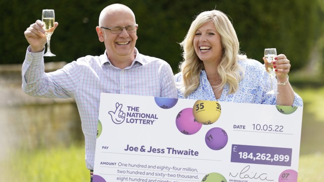 Joe Thwaite, 49, and Jess Thwaite, 46, from Gloucestershire celebrate after winning the record-breaking EuroMillions jackpot of ?184M from the draw on Tuesday 10 May, 2022, at the Ellenborough Park Hotel, in Cheltenham, Gloucestershire. Picture date: Thursday May 19, 2022. PA Photo. See PA story LOTTERY EuroMillions . Photo credit should read: Andrew Matthews/PA Wire