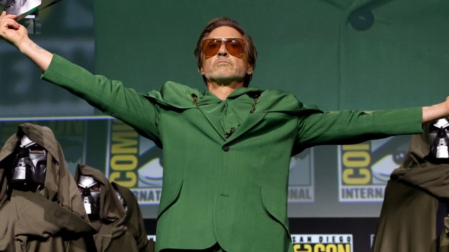 SAN DIEGO, CALIFORNIA - JULY 27: Robert Downey Jr. speaks onstage during the Marvel Studios Panel in Hall H at SDCC in San Diego, California on July 27, 2024. (Photo by Jesse Grant/Getty Images for Disney)