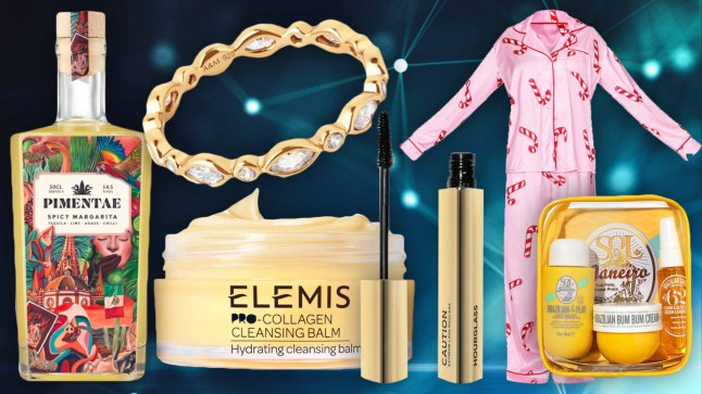 Image of items shopping expert is buying this Cyber Monday, including a bottle of Pimentae, Elemis Collagen cleansing balm, a PJs set and gold bracelet