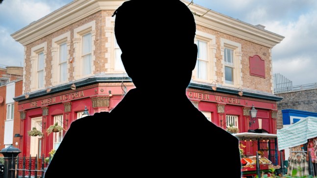 An EastEnders silhouette in front of the Queen Vic pub