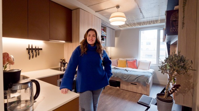 Joanne Baudin in her studio flat at Folk at Florence Dock in Battersea, south London.
