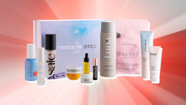 Cult Beauty Tried & Trusted Edit beauty box contents, including packets, tubes and bottles of cosmetics, in front of a red background.