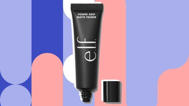 The e.l.f. Power Grip Matte Primer on a purple, white and pink patterned background.