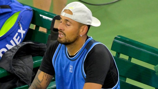 Mar 6, 2025; Indian Wells, CA, USA; Nick Kyrgios (AUS) shows his dejection after he was checked by medical personnel and forced to retire with a wrist injury in the first round of the BNP Paribas Open at the Indian Well Tennis Garden. Mandatory Credit: Jayne Kamin-Oncea-Imagn Images