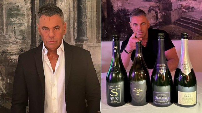 David Lacerenza in a suit, next to him posing with some champagne bottles.