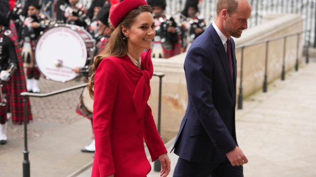 Britain's Kate, the Princess of Wales and Prince William arrive to attend the annual Commonwealth Day Service at Westminster Abbey in London, Monday, March 10, 2025.(AP Photo/Kin Cheung)