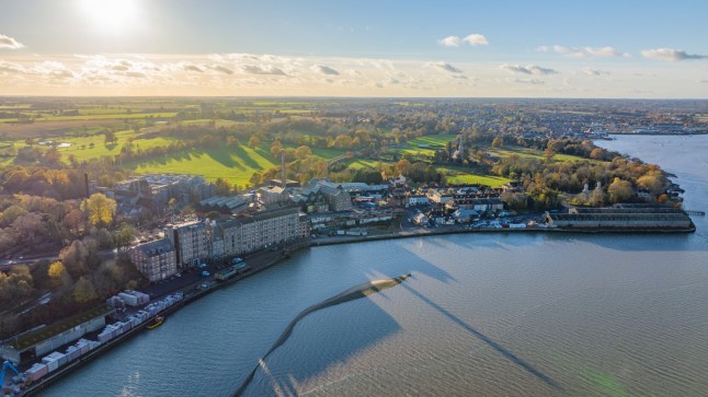 Aerial photo from a drone of the village of Mistley in the Tendring District of Essex, UK.