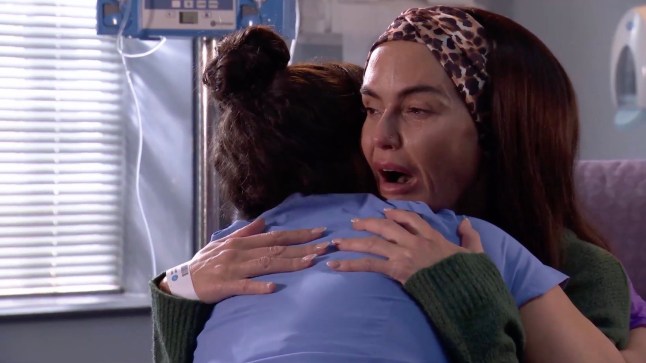 Hollyoaks' Mercedes McQueen breaking down in Cleo McQueen's arms in hospital.