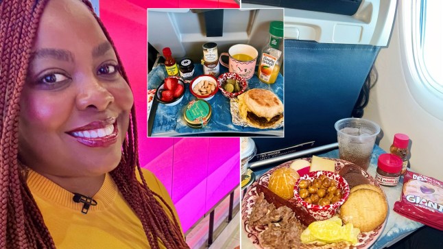 TikToker Kena Peay (right) takes three course meals on board planes for a 'luxury' experience.
