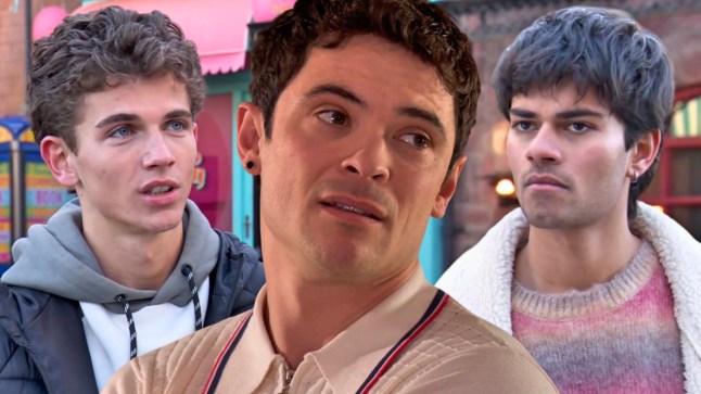 Lucas and Dillon look upset as Rex looms in Hollyoaks