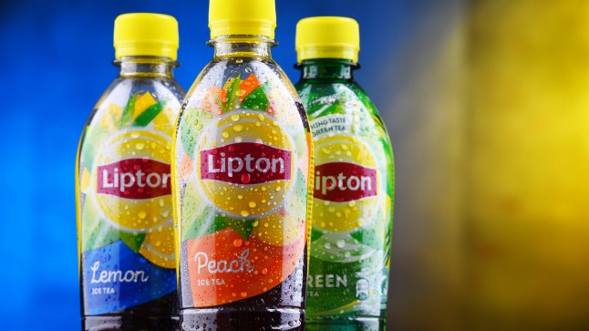Bottles of Lipton ice tea on a blue and yellow background