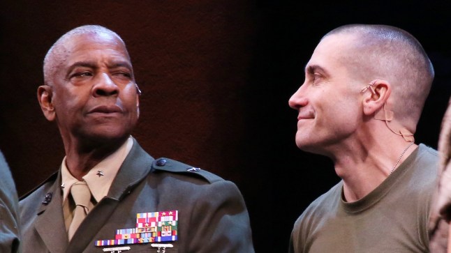 NEW YORK, NEW YORK - MARCH 23: Denzel Washington and Jake Gyllenhaal during the opening night curtain call for "Othello" on Broadway at The Barrymore Theatre on March 23, 2025 in New York City. (Photo by Bruce Glikas/WireImage)