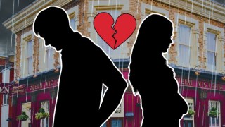 Silhouette of a couple turning their backs on one another in EastEnders, with rain and a broken heart surrounding them