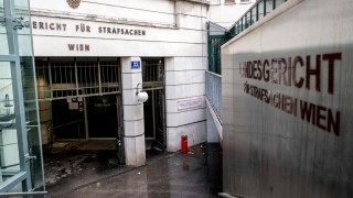 Entrance of the Vienna's Regional court room are pictured in Vienna, Austria, on February 1, 2023. - The verdict of the trial of the six men who helped a gunman carry out Austria's first deadly jihadist attack is expected on February 1, 2023. Convicted Islamic State group sympathiser Kujtim Fejzulai went on a shooting rampage on November 2, 2020 in downtown Vienna, killing four and wounding 23 others before police shot him dead. (Photo by JOE KLAMAR / AFP) (Photo by JOE KLAMAR/AFP via Getty Images)