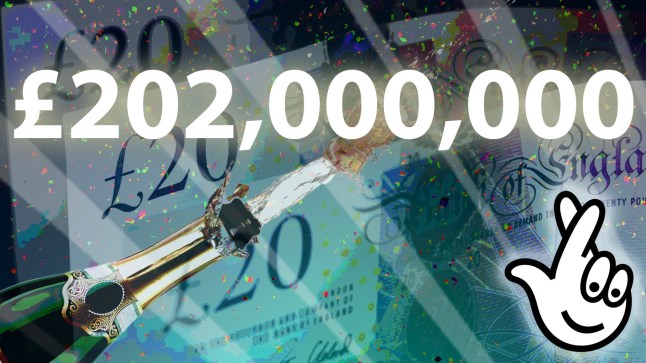 A bold text displaying £202,000,000 with £20 banknotes in the background and champagne bottle being popped open