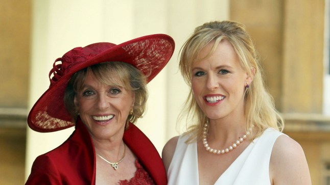 Esther Rantzen with her daughter Rebecca Wilcox after she made a Dame by the Princess Royal