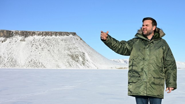 TOPSHOT - US Vice President JD Vance tours the US military's Pituffik Space Base in Greenland on March 28, 2025. The visit is viewed by Copenhagen and Nuuk as a provocation amid President Donald Trump's bid to annex the strategically-placed, resource-rich Danish territory. (Photo by Jim WATSON / POOL / AFP) (Photo by JIM WATSON/POOL/AFP via Getty Images)