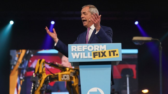 British MP and Reform UK party leader Nigel Farage speaks during the party's local elections campaign launch at Utilita Arena Birmingham, in Birmingham, Britain, March 28, 2025. REUTERS/Sodiq Adelakun