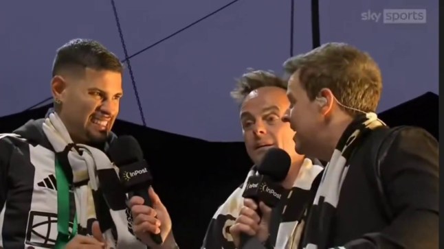 Bruno Guimarães talking to Ant and Dec wearing Newcastle scarf