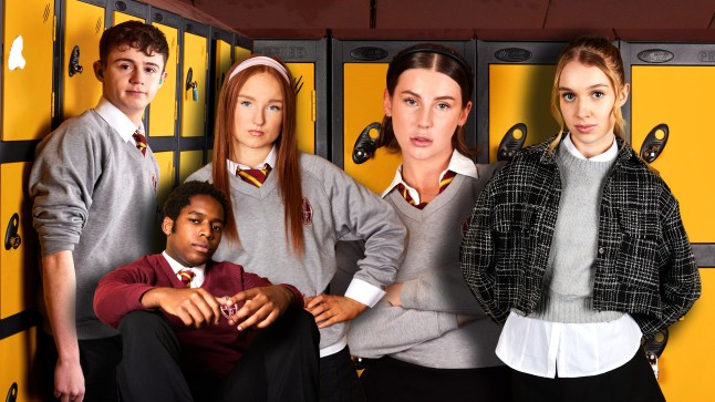 Luca, Dwayne, Tonya, Lois and Libby in front of the lockers in Waterloo Road