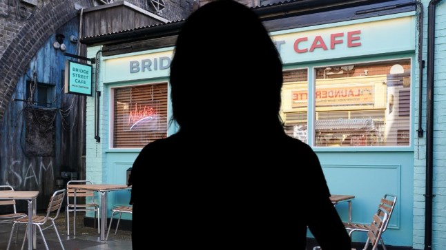 A silhouette of EastEnders' Kathy Beale in front of the café
