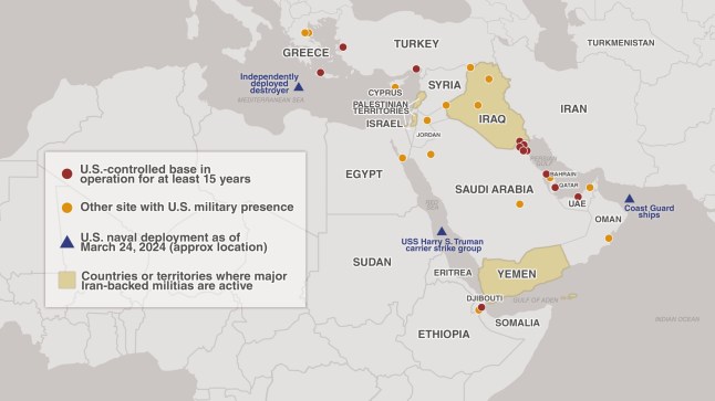 US military bases in Middle East to be bombed if Trump attacks Iran Map of Middle East. Member states are as follows; Algeria, Bahrain, Egypt, Iraq, Jordan, Kuwait, Lebanon, Libya, Mauritania, Morocco, Oman, Palestine, Qatar, Saudi Arabia, Somalia, Sudan, Syria, Tunisia, United Arab Emirates, Yemen, Isreal.