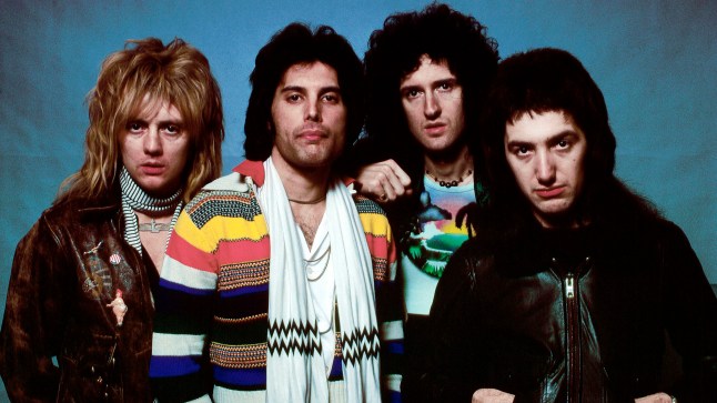Roger Taylor, Freddie Mercury, Brian May and John Deacon stand for a posed group portrait in the 1970s
