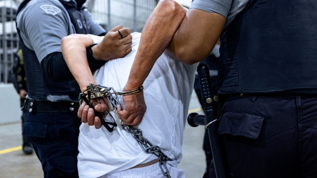 Salvadoran prison guards escort alleged members of the Venezuelan gang Tren de Aragua and the MS-13 gang recently deported by the U.S. government to be imprisoned in the Terrorism Confinement Center (CECOT) prison, as part of an agreement with the Salvadoran government, in Tecoluca, El Salvador, in this handout image obtained March 31, 2025. Secretaria de Prensa de la Presidencia/Handout via REUTERS ATTENTION EDITORS - THIS IMAGE HAS BEEN SUPPLIED BY A THIRD PARTY. NO RESALES. NO ARCHIVES