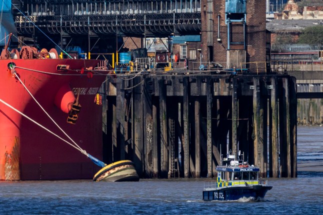 ?? Licensed to London News Pictures. 01/04/2025. London, UK. A police boat patrols the River Thames in Woolwich, east London as the search continues after an 11-year-old girl was reported to have fallen into the river at around 1:45 pm yesterday. Photo credit: Marcin Nowak/LNP