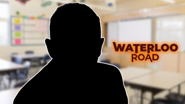 Silhouette of Jon Richardson in front of a classroom with the Waterloo Road logo