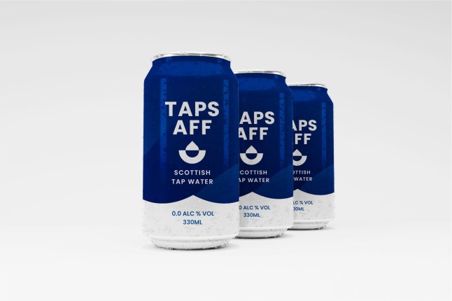Cans of Aldi Scotland tap water on a white background